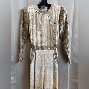 Vintage 80s Jeanne Marc Collection Jumpsuit Cream Tan Baroque Print S 8/10